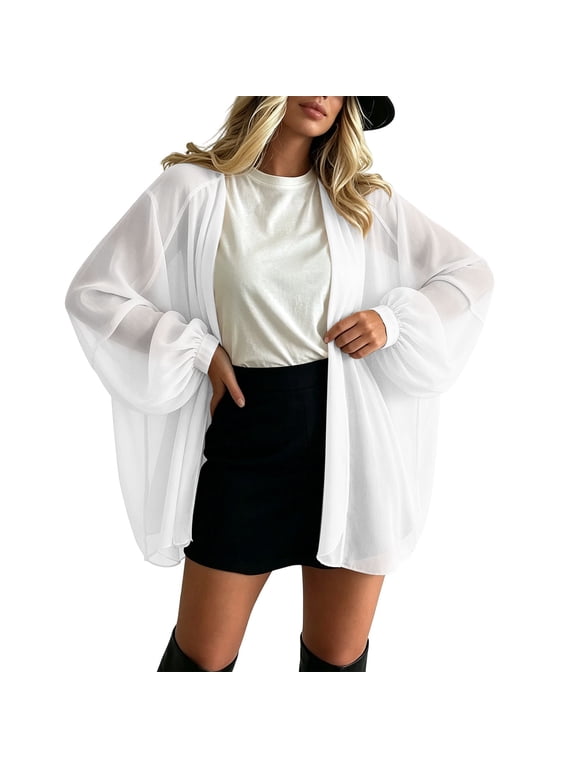 Women's Chiffon Cardigan Balloon Sleeve Lightweight Summer Beach Cover Up Jacket