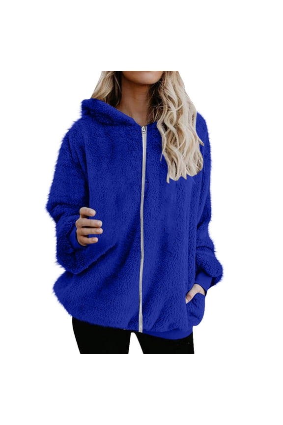 Coats for Women Plus Size Sherpa Fall Zipper Hooded Jacket Loose Long Sleeve Outwear with Pockets Womens Winter Coats S-5XL