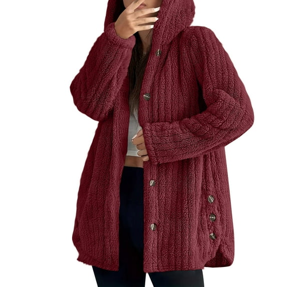 Admvng Women's Coats Winter Solid Color Long Sleeved Warm Hooded Cardigan Button Up Cozy Outerwear Long Winter Coats for Women S-2XL