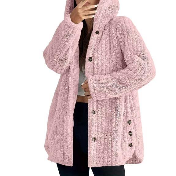 Admvng Women's Coats Winter Solid Color Long Sleeved Warm Hooded Cardigan Button Up Cozy Outerwear Long Winter Coats for Women S-2XL