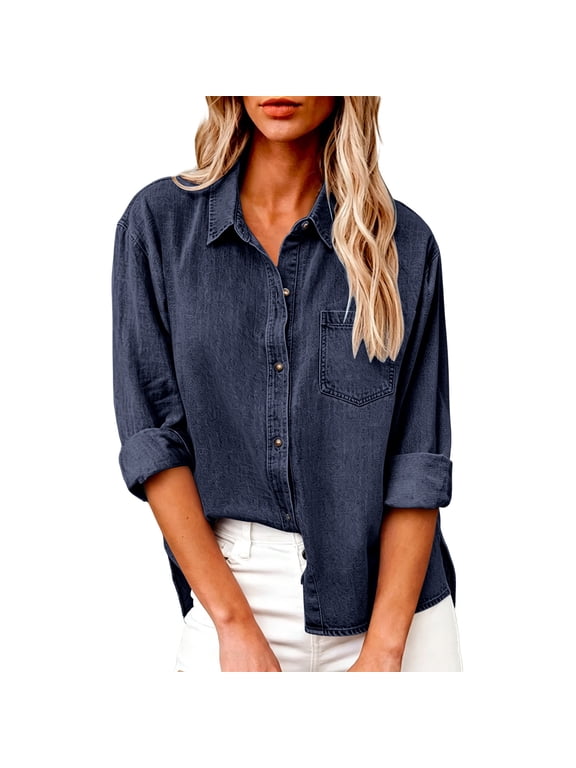 Women's Collar Denim Shirt Button Front Long Cuff Chest Pocket Lightweight Washed Jean Casual Blouse