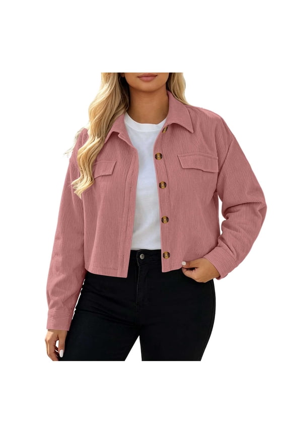Women's Corduroy Cropped Shacket Jacket Lapel Collar Button Down Long Sleeve Pocket Short Coat