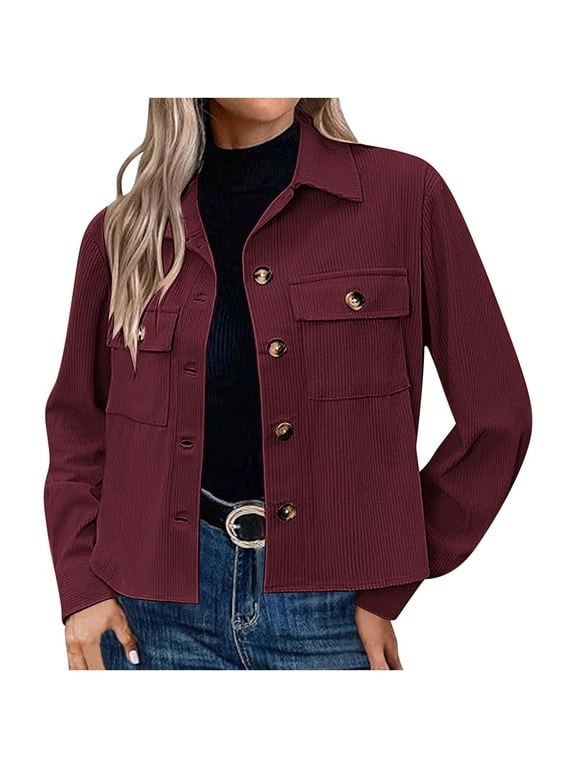 Women's Corduroy Cropped Shacket Jacket Lapel Collar Button Long Sleeve Pocket Short Coat