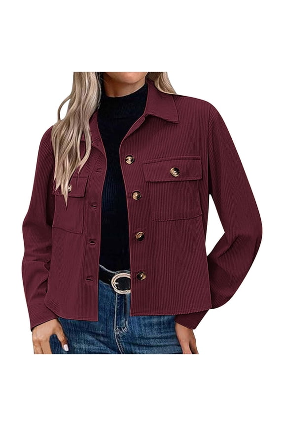Women's Corduroy Cropped Shacket Jacket Lapel Collar Button Long Sleeve Pocket Short Coat