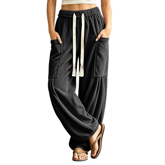 Admvng Women's Corduroy Pants Elastic Waist Vacation Casual Everyday Trousers with Pockets