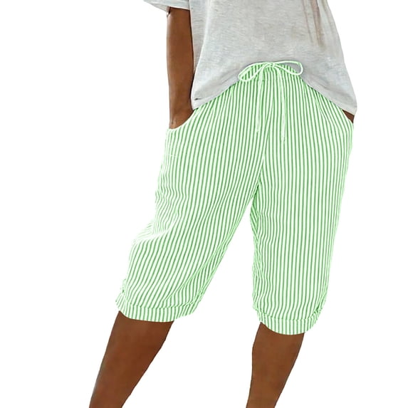 Admvng Women's Cotton Shorts Drawstring Waist Striped Capri Pants with Side Pocket