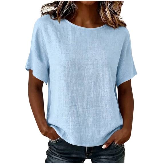 Admvng Women's Crew Neck Tops Linen and Cotton Short Sleeve Solid Casual Basic Summer Blouses