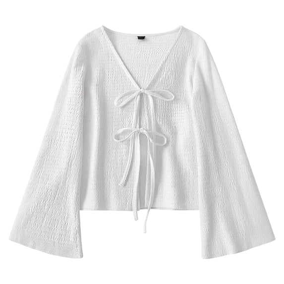 Admvng Women's Crop Cardigan Double Tie Front V Neck Flare Long Sleeve Textured Layering Shrug