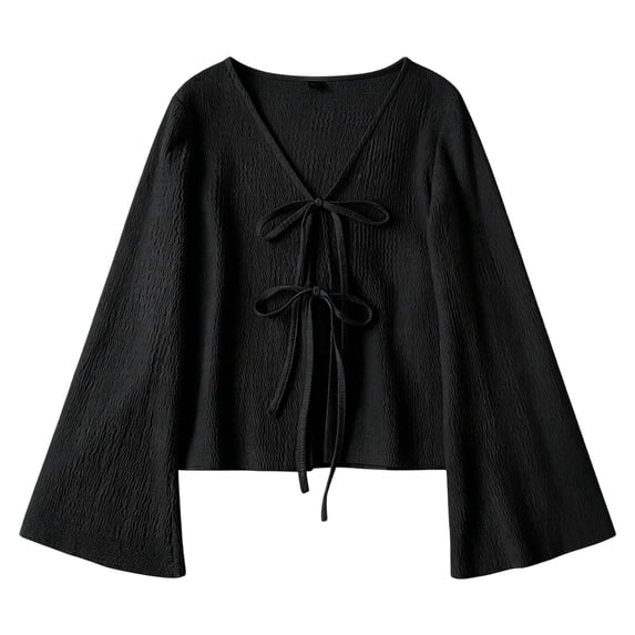 Admvng Women's Crop Cardigan Double Tie Front V Neck Flare Long Sleeve Textured Layering Shrug