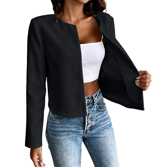 Admvng Women's Cropped Blazer Open Front Long Sleeve Slim Casual Short Jacket