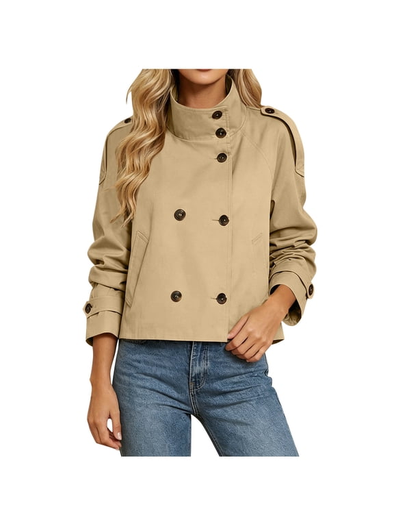 Women's Cropped Coat Stand Collar Belted Waist Long Sleeve Casual Office Business Windbreaker Jacket