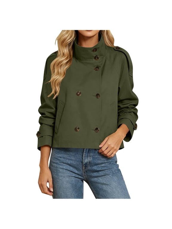 Women's Cropped Coat Stand Collar Belted Waist Long Sleeve Casual Office Business Windbreaker Jacket