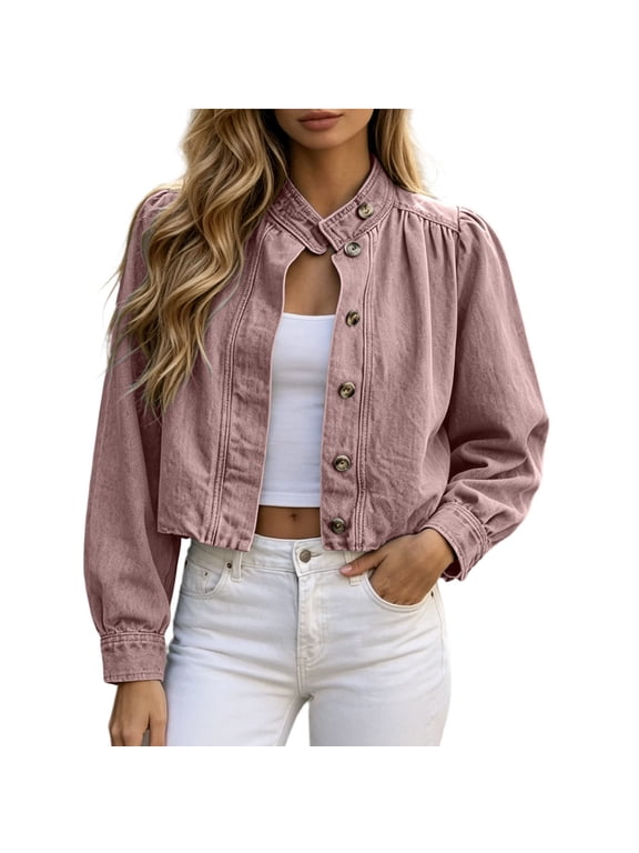 Women's Cropped Denim Jacket Stand Collar Button Down Vintage Jean Shacket