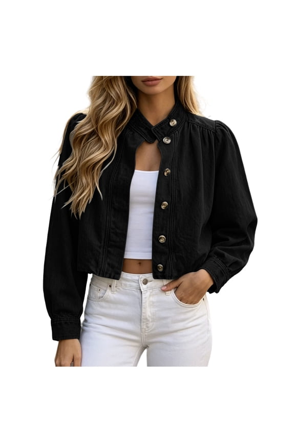 Women's Cropped Denim Jacket Stand Collar Button Down Vintage Jean Shacket