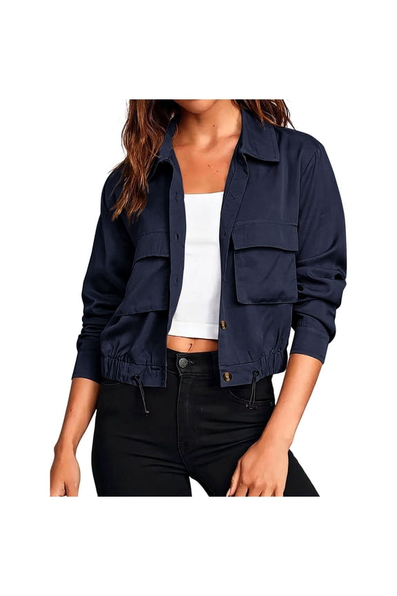 Women's Cropped Jacket Button Down Drawstring Hem Pocket Casual Short Shacket
