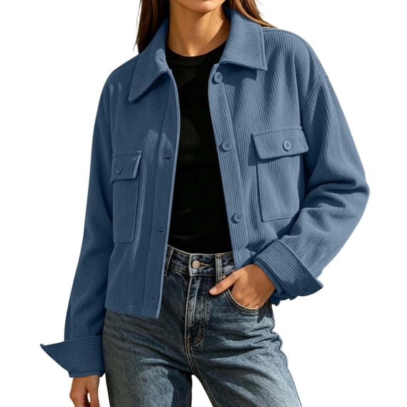 Admvng Women's Cropped Shacket Jacket Lapel Button Down Comfortable Chest PocketCasual Long Sleeve Ladies Coat Outerwear