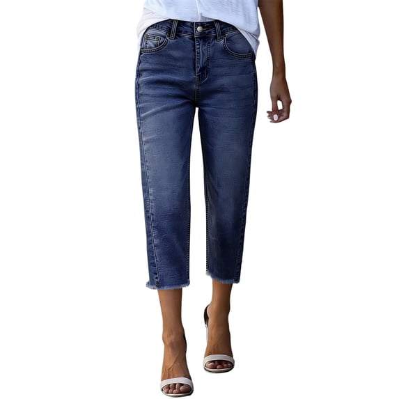 Admvng Women's Cropped Straight Leg Jeans with Frayed Hem Denim Capri Pants