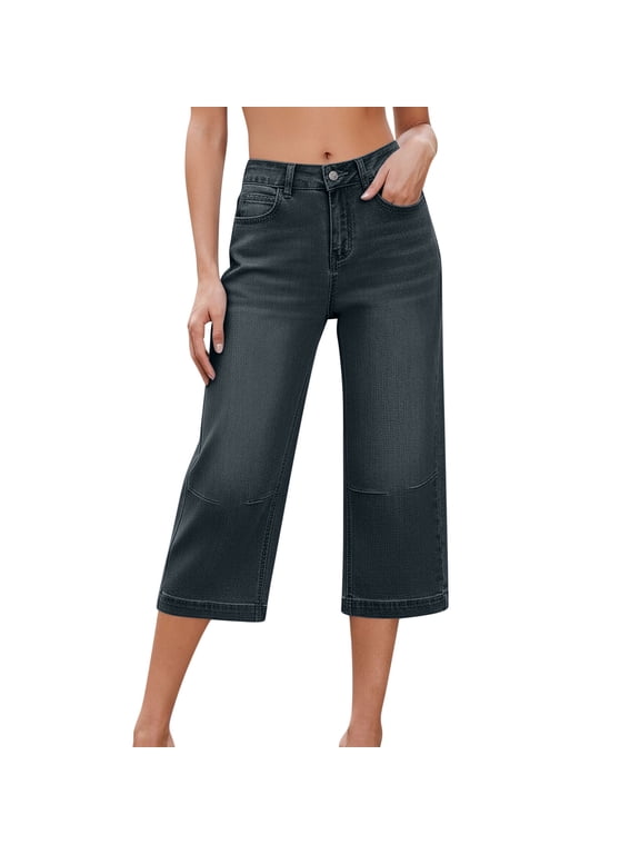 Women's Denim Culottes Wide Leg Cropped Capri Pants with Pocket