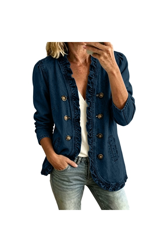 Women's Denim Shacket Ruffle Trim Button Down Stand Collar Long Sleeve Pocket Jean Jacket