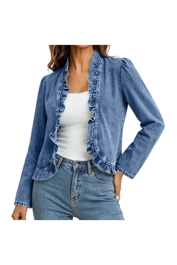 Women's Denim Shrug Jacket Open Front Ruffle Trim Long Sleeve Cropped Casual Jean Cardigan