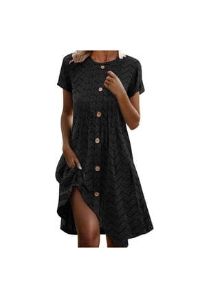 Women's Dress Eyelet Button Front Round Neck Short Sleeve Casual Dress