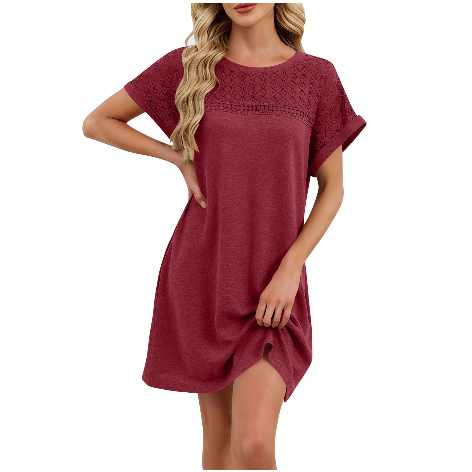 Admvng Women's Dress Lace Round Neck Short Sleeve Casual Sleepdress ...