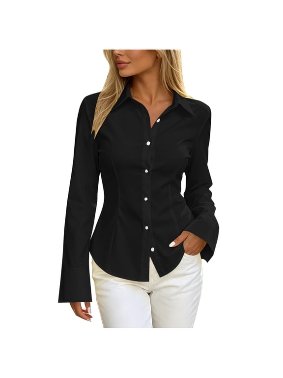 Women's Dress Shirt Button Down Long Sleeve Flare Cuff Office Blouse