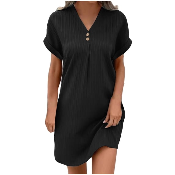 Admvng Women's Dress Short Sleeve V Neck Casual Summer Pocket Split Hem Dress