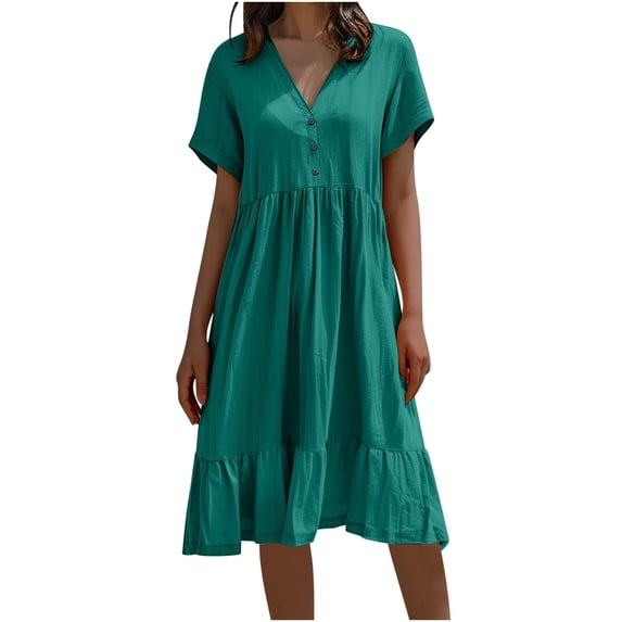 Admvng Women's Dress Tiered Button V Neck Short Sleeve Casuals Flowy Summer Dress