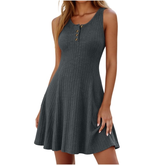 Admvng Women's Dresses Ribbed Knit Round Neck Sleeveless Button Detail A-line Casual Summer Everyday Dress
