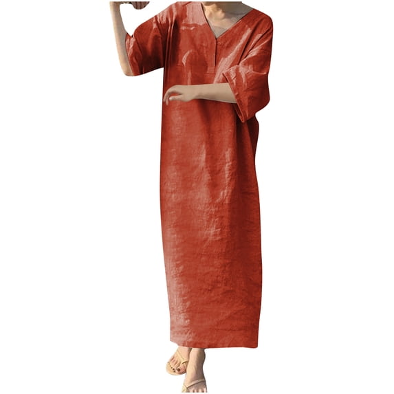 Admvng Women's Dresses Short Sleeve V Neck Casual Linen Summer Lounge Dress