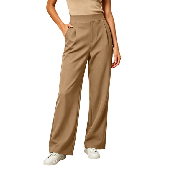 Admvng Women's Elastic Waist Pants Light Fleece Lined Casual Straight Office Daily Trousers