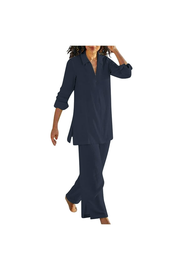Admvng Women's Fashionable Suit Fashion Women Summer Casual Solid Long Sleeve Blouses Botton Turndown Collar Tops Long Pants S-5XL