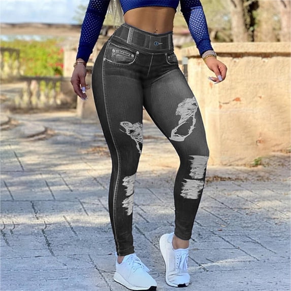 Admvng Women's Faux Denim Print Leggings Ripped Jean Style Compression Pants