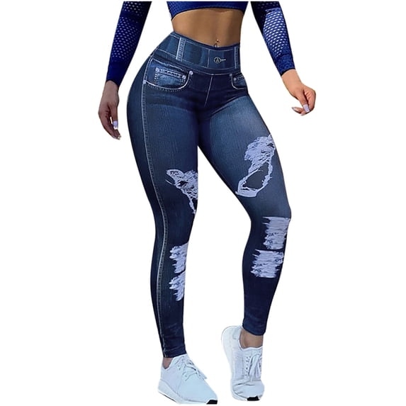 Admvng Women's Faux Denim Print Leggings Ripped Jean Style Compression Pants