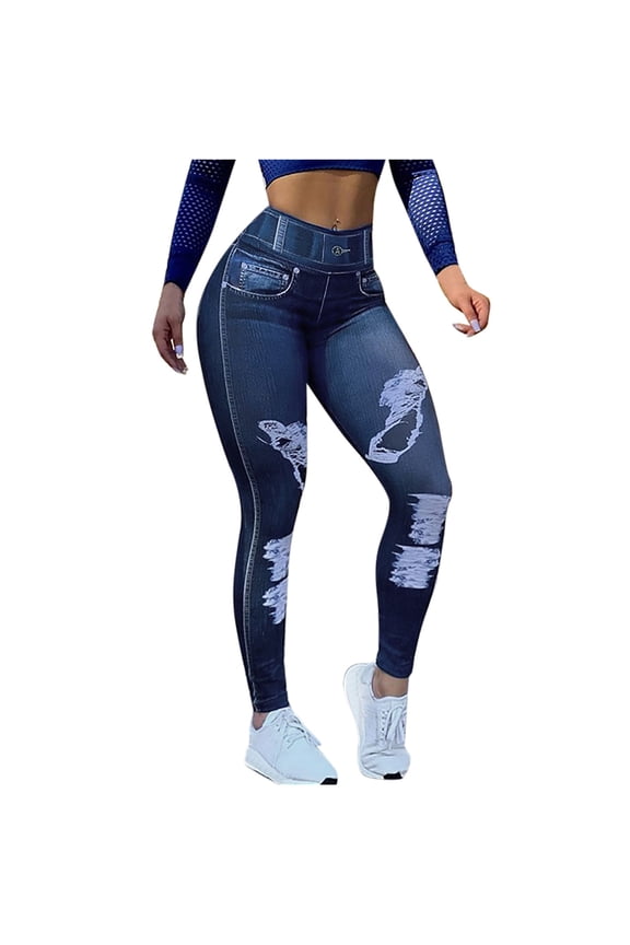 Women's Faux Denim Print Leggings Ripped Jean Style Compression Pants