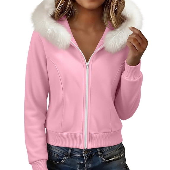 Admvng Women's Faux Fur Trim Hooded Jacket Zip Up Short Casual Sports Sweat Coat