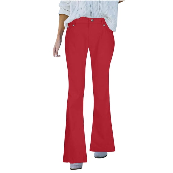 Admvng Women's Flare Pants Solid Stretchy Bell Bottom Denim Trousers with Pockets