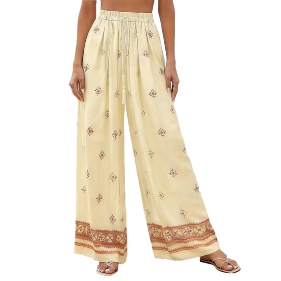 Admvng Women's Floral Print Wide Leg Elastic Waist Drawstring Pants Casual Boho Trousers