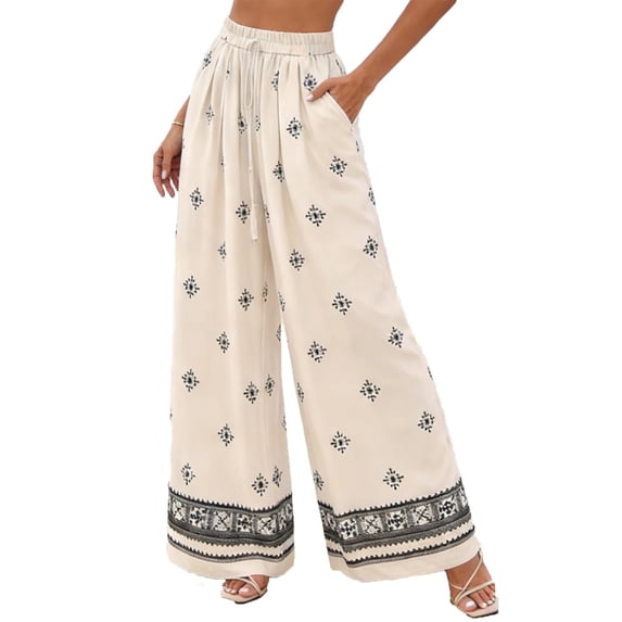 Admvng Women's Floral Print Wide Leg Elastic Waist Drawstring Pants Casual Boho Trousers