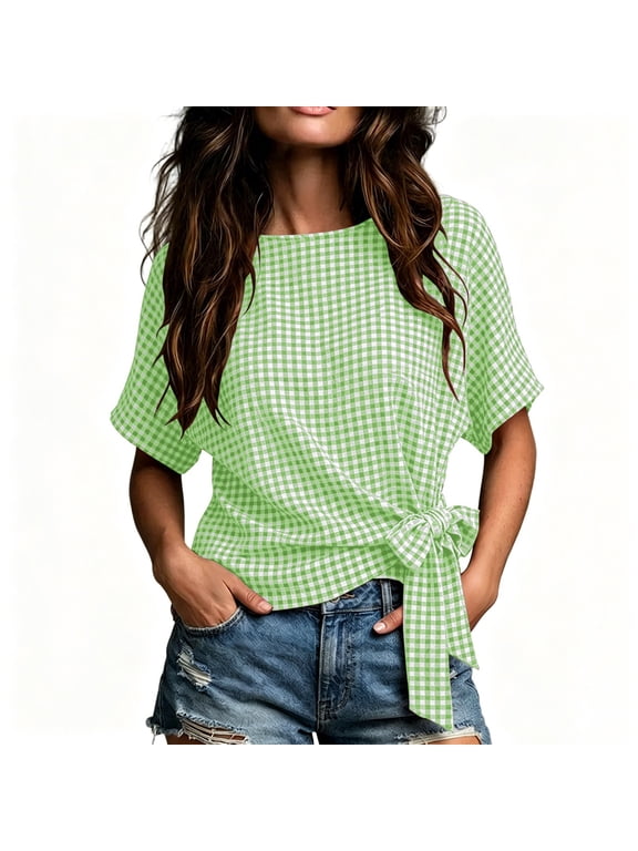 Women's Gingham Blouse Short Sleeve Side Tie Knot Waist Cropped Plaid Casual Tops