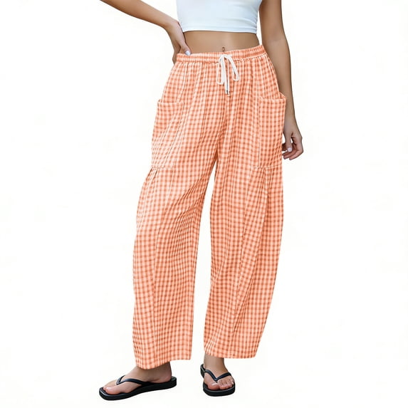 Admvng Women's Gingham Cropped Pants Drawstring Waist Pockets Casual Everyday Trousers