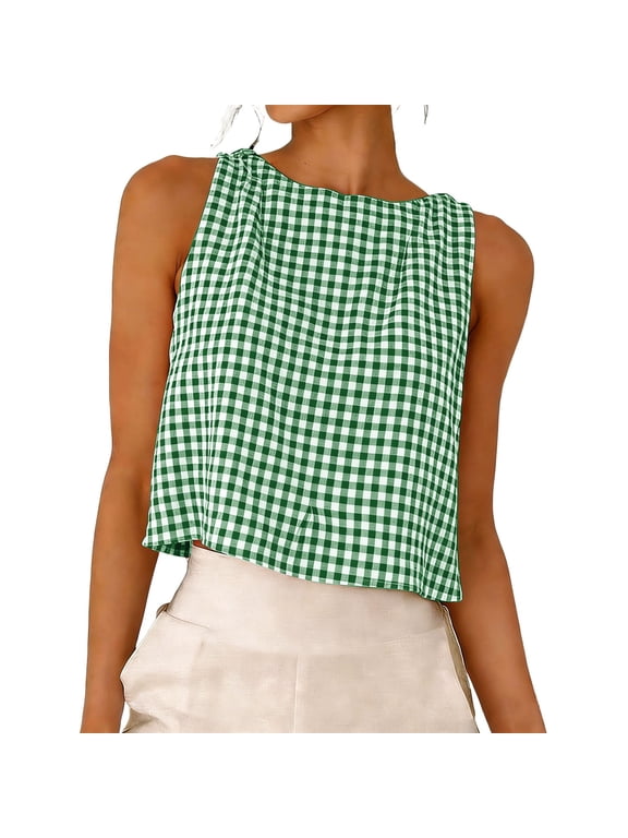 Women's Gingham Sleeveless Crop Tank Top Cotton Button Plaid Check Summer Casual Cropped Camisole Blouse
