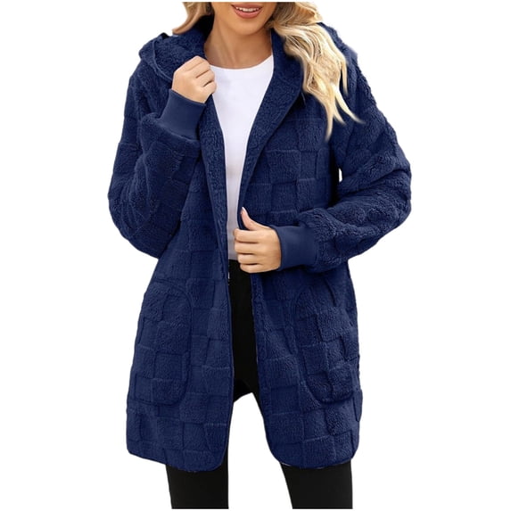Admvng Women's Grid Textured Sherpa Hooded Cardigan Plus Size Open Front Mid Length Fuzzy Teddy Fleece Coat with Pockets