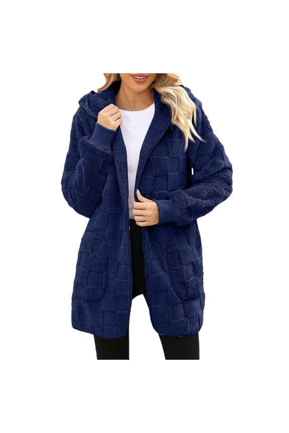 Women's Grid Textured Sherpa Hooded Cardigan Plus Size Open Front Mid Length Fuzzy Teddy Fleece Coat with Pockets