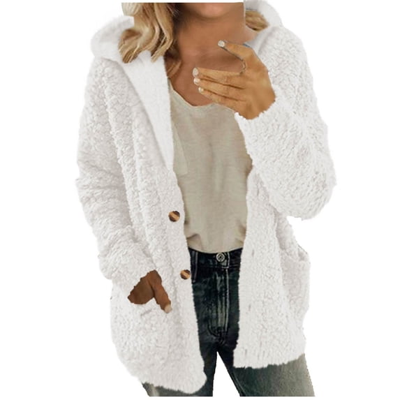 Admvng Women's Hooded Cardigan Button Front Long Sleeve Teddy Coat with Pockets