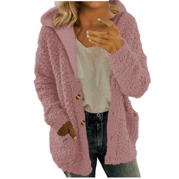 Admvng Women's Hooded Cardigan Button Front Long Sleeve Teddy Coat with Pockets