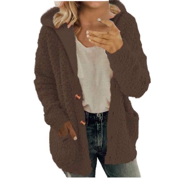 Admvng Women's Hooded Cardigan Button Front Long Sleeve Teddy Coat with Pockets