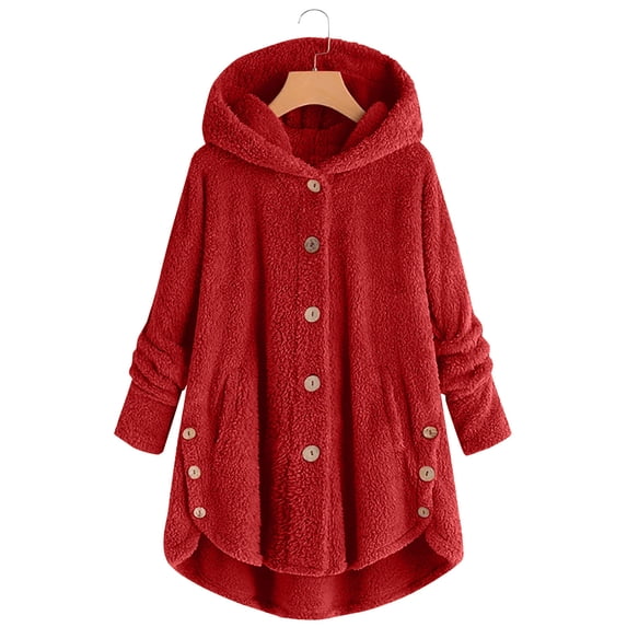 Admvng Women's Hooded Coat Plus Size Button Front Irregular Hem Pockets Sherpa Fleece Teddy Jacket with Decorative Buttons
