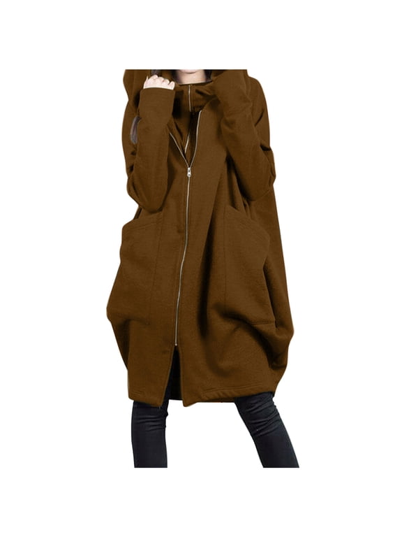 Women's Hooded Coat Plus Size Mid Length Full Zip Casual Tunic Jacket with Big Side Pockets